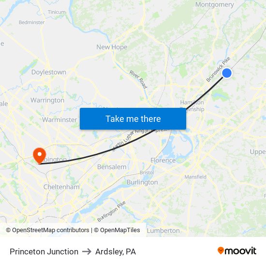 Princeton Junction to Ardsley, PA map