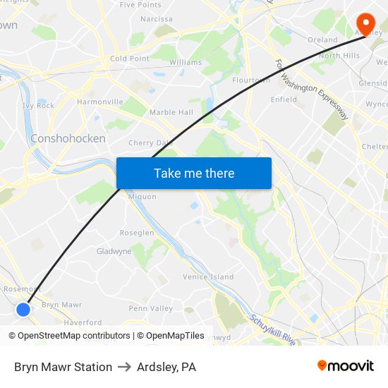 Bryn Mawr Station to Ardsley, PA map