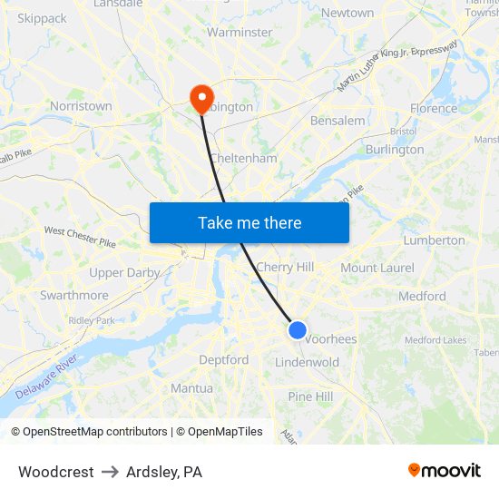 Woodcrest to Ardsley, PA map