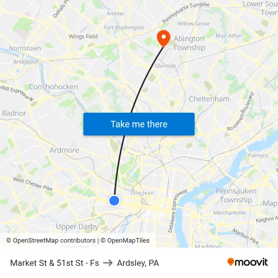 Market St & 51st St - Fs to Ardsley, PA map