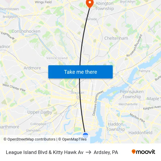 League Island Blvd & Kitty Hawk Av to Ardsley, PA map