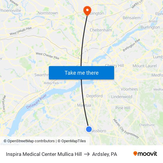 Inspira Medical Center Mullica Hill to Ardsley, PA map