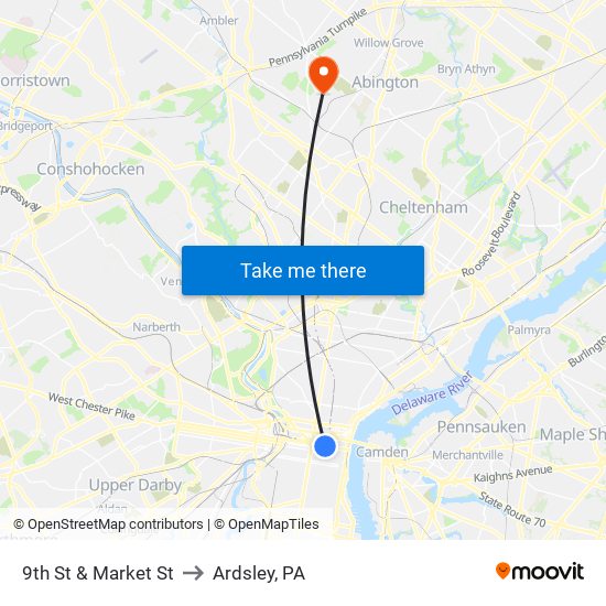 9th St & Market St to Ardsley, PA map