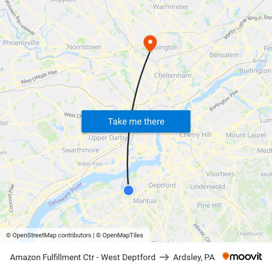 Amazon Fulfillment Ctr - West Deptford to Ardsley, PA map