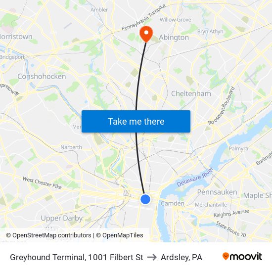 Greyhound Terminal, 1001 Filbert St to Ardsley, PA map
