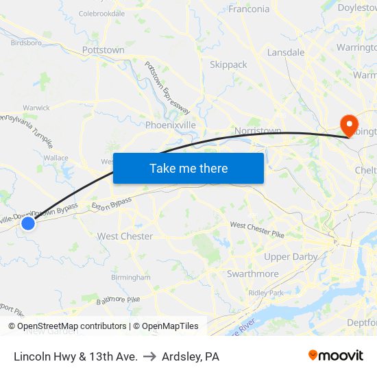 Lincoln Hwy & 13th Ave. to Ardsley, PA map