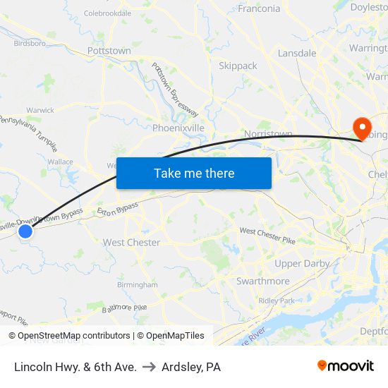 Lincoln Hwy. & 6th Ave. to Ardsley, PA map