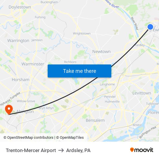 Trenton-Mercer Airport to Ardsley, PA map