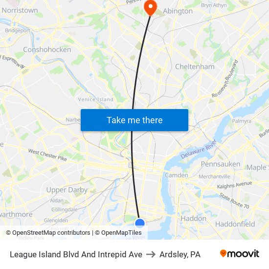 League Island Blvd And Intrepid Ave to Ardsley, PA map