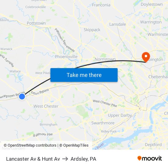 Lancaster Av & Hunt Av to Ardsley, PA map