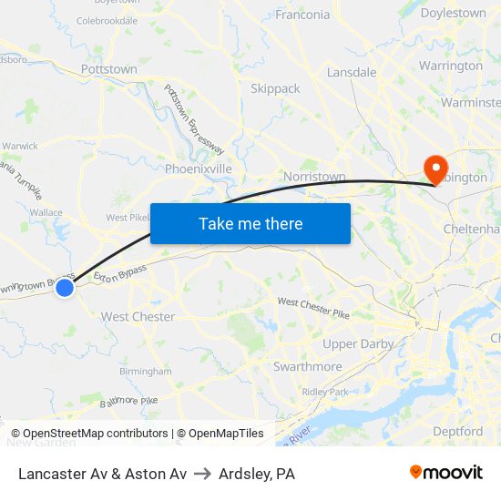 Lancaster Av & Aston Av to Ardsley, PA map