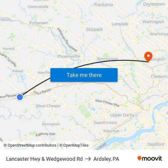 Lancaster Hwy & Wedgewood Rd to Ardsley, PA map