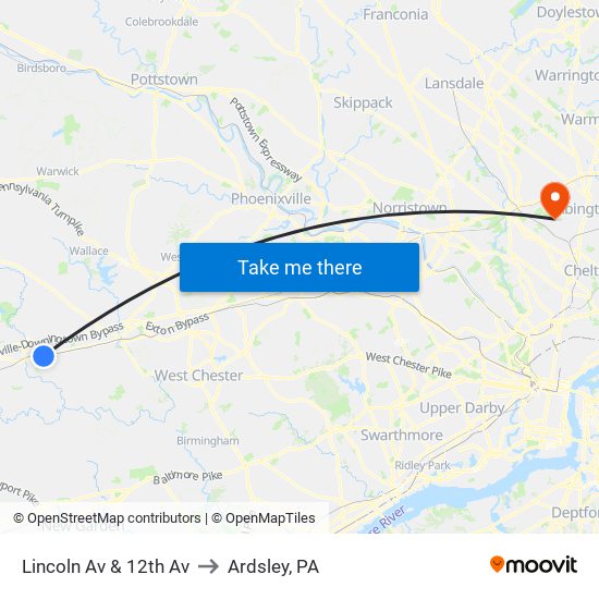 Lincoln Av & 12th Av to Ardsley, PA map