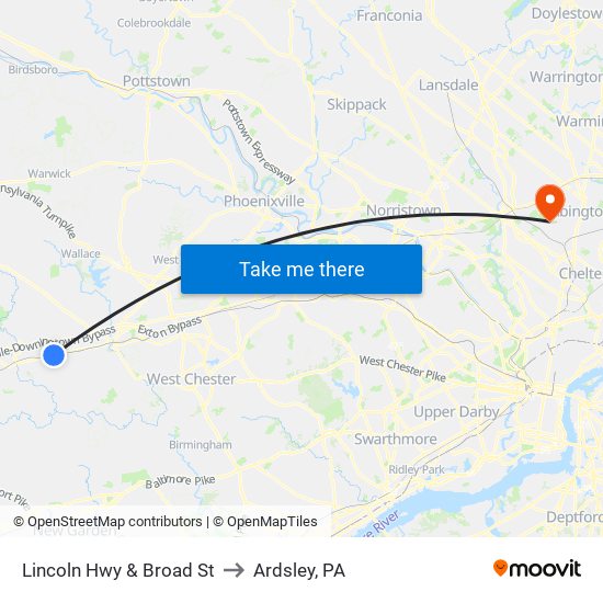 Lincoln Hwy & Broad St to Ardsley, PA map