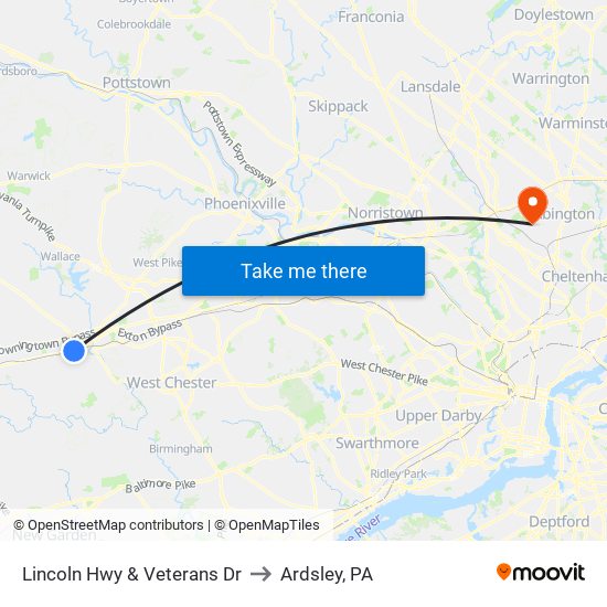 Lincoln Hwy & Veterans Dr to Ardsley, PA map