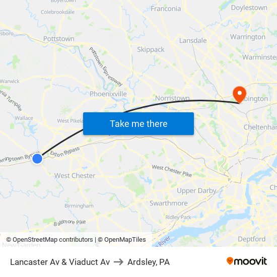 Lancaster Av & Viaduct Av to Ardsley, PA map