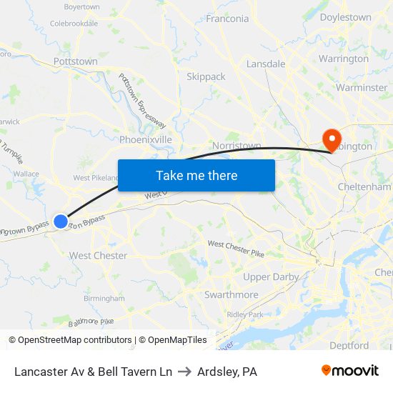 Lancaster Av & Bell Tavern Ln to Ardsley, PA map