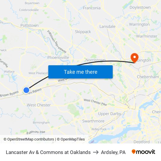 Lancaster Av & Commons at Oaklands to Ardsley, PA map
