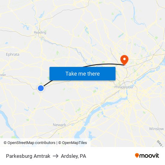 Parkesburg Amtrak to Ardsley, PA map