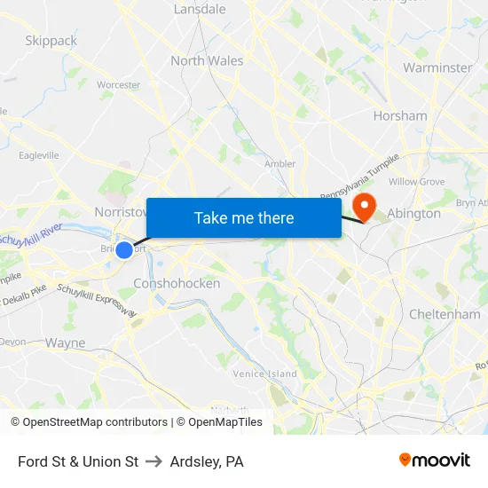 Ford St & Union St to Ardsley, PA map