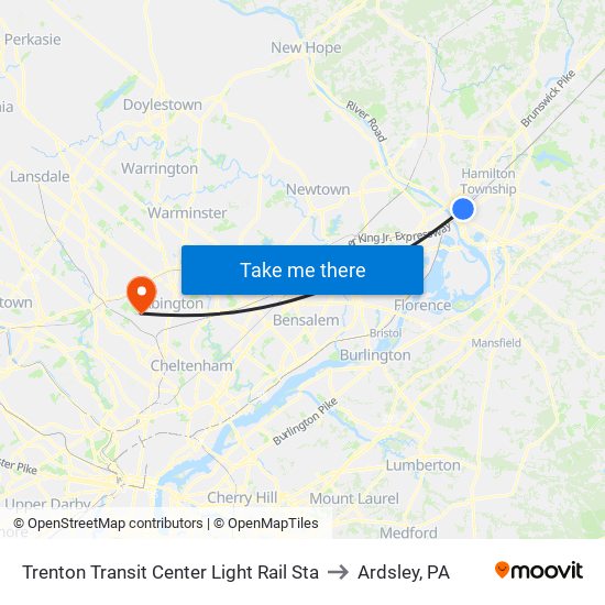 Trenton Transit Center Light Rail Sta to Ardsley, PA map