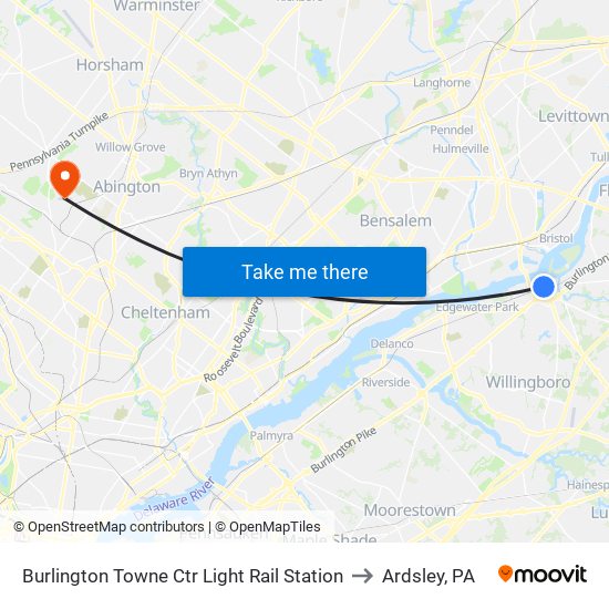 Burlington Towne Ctr Light Rail Station to Ardsley, PA map