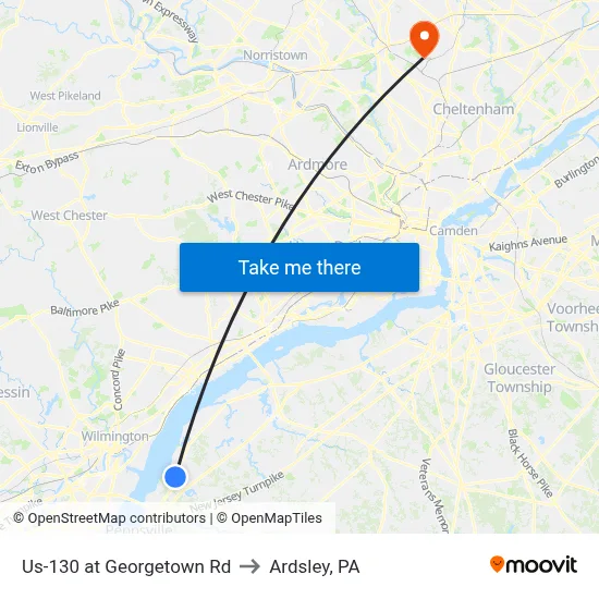 Us-130 at Georgetown Rd to Ardsley, PA map