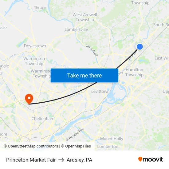 Princeton Market Fair to Ardsley, PA map