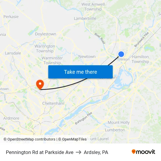 Pennington Rd at Parkside Ave to Ardsley, PA map