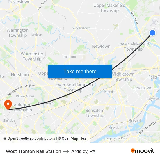 West Trenton Rail Station to Ardsley, PA map
