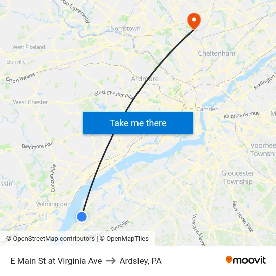 E Main St at Virginia Ave to Ardsley, PA map