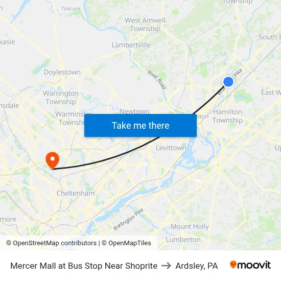 Mercer Mall at Bus Stop Near Shoprite to Ardsley, PA map