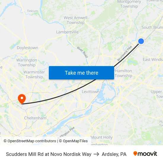 Scudders Mill Rd at Novo Nordisk Way to Ardsley, PA map