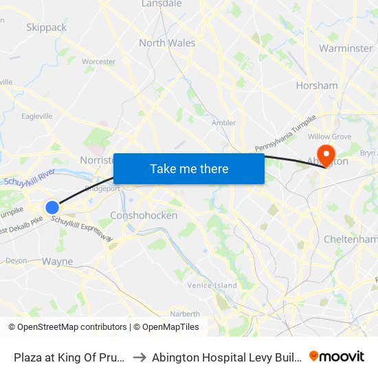 Plaza at King Of Prussia to Abington Hospital Levy Building map