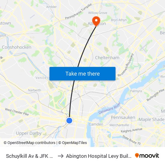 Schuylkill Av & JFK Blvd to Abington Hospital Levy Building map