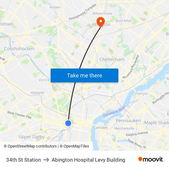 34th St Station to Abington Hospital Levy Building map