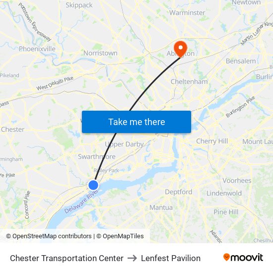 Chester Transportation Center to Lenfest Pavilion map