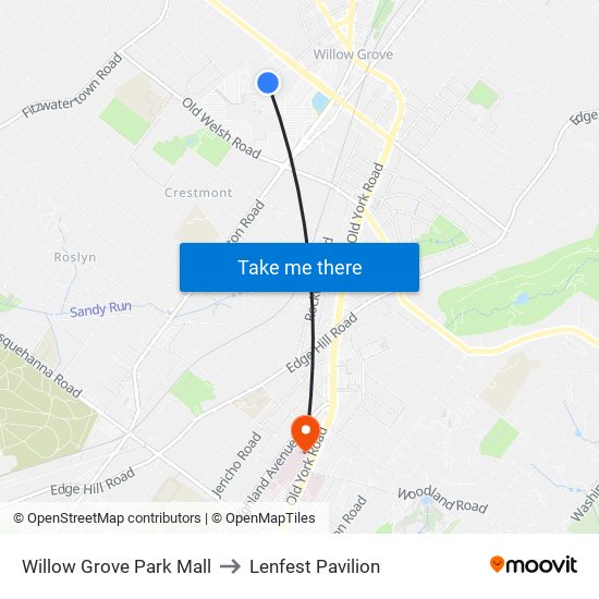 Willow Grove Park Mall to Lenfest Pavilion map