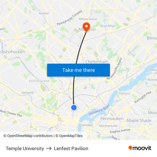 Temple University to Lenfest Pavilion map