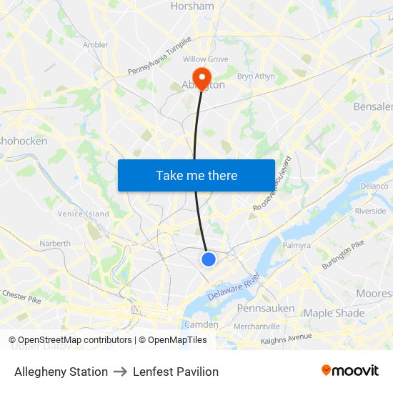 Allegheny Station to Lenfest Pavilion map
