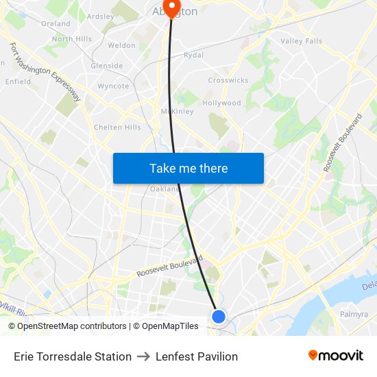 Erie Torresdale Station to Lenfest Pavilion map