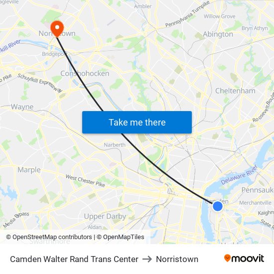 Camden Walter Rand Trans Center to Norristown map