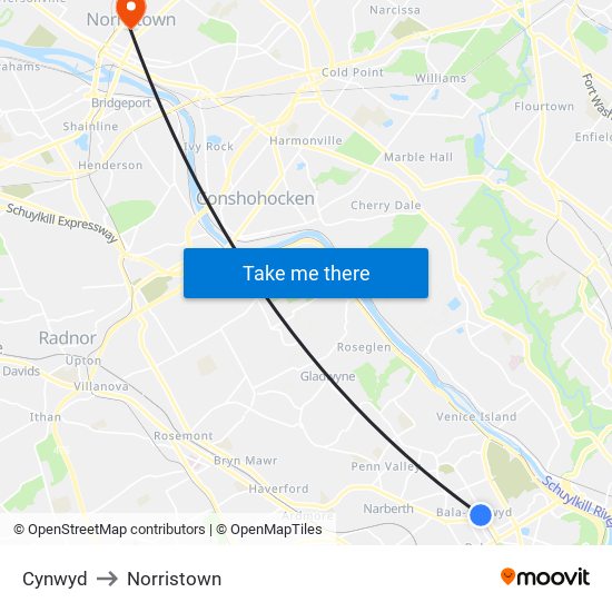 Cynwyd to Norristown map