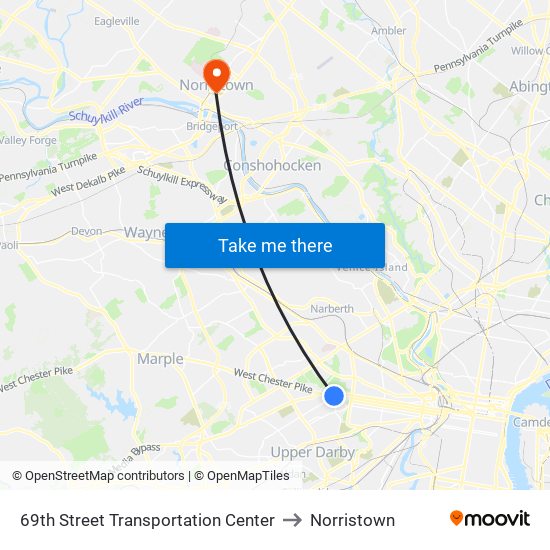 69th Street Transportation Center to Norristown map