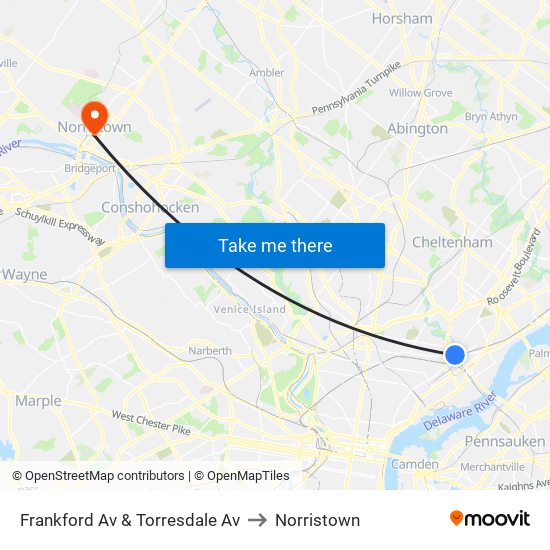 Frankford Av & Torresdale Av to Norristown map