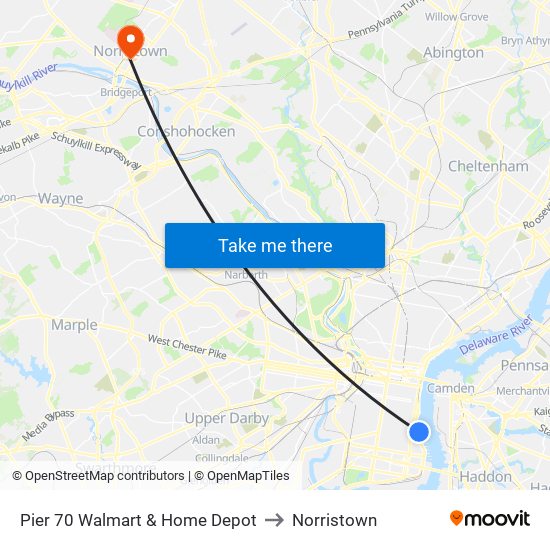 Pier 70 Walmart & Home Depot to Norristown map