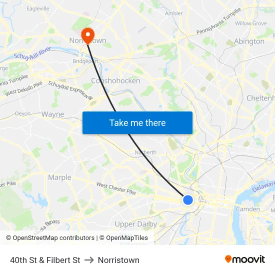 40th St & Filbert St to Norristown map