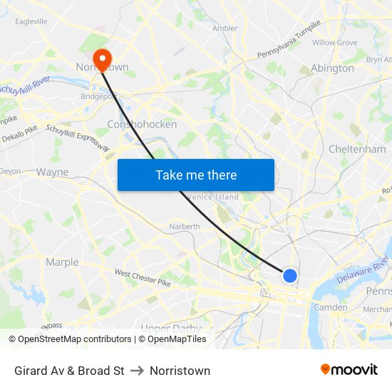 Girard Av & Broad St to Norristown map
