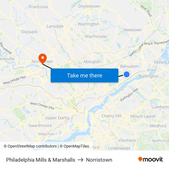 Philadelphia Mills & Marshalls to Norristown map