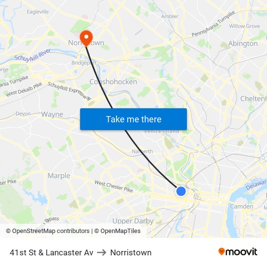 41st St & Lancaster Av to Norristown map